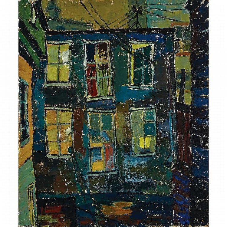 Marcelle Maltais comparable auction result: marcella maltais fen tres de qu bec oil on board 21 ins x 17 75 ins 54 cms x 45 1 cms