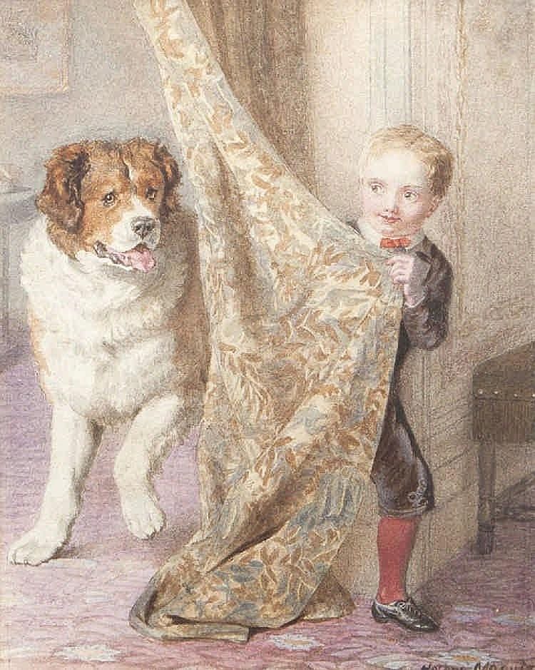 Helena J. Maguire comparable auction result: helena maguire 1860 1909 young boy playing with st bernard dogwatercolour