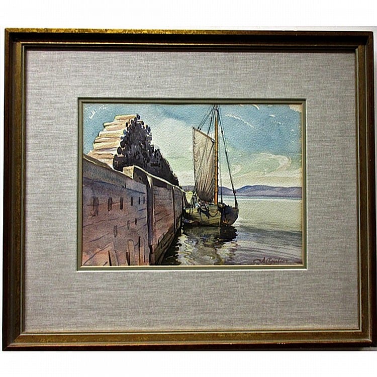 Albert Edward Cloutier comparable auction result: albert edward cloutier 1902 1965 loading pulpwood watercolour signed lower right titled to gallery label verso sight 9 8 x 13