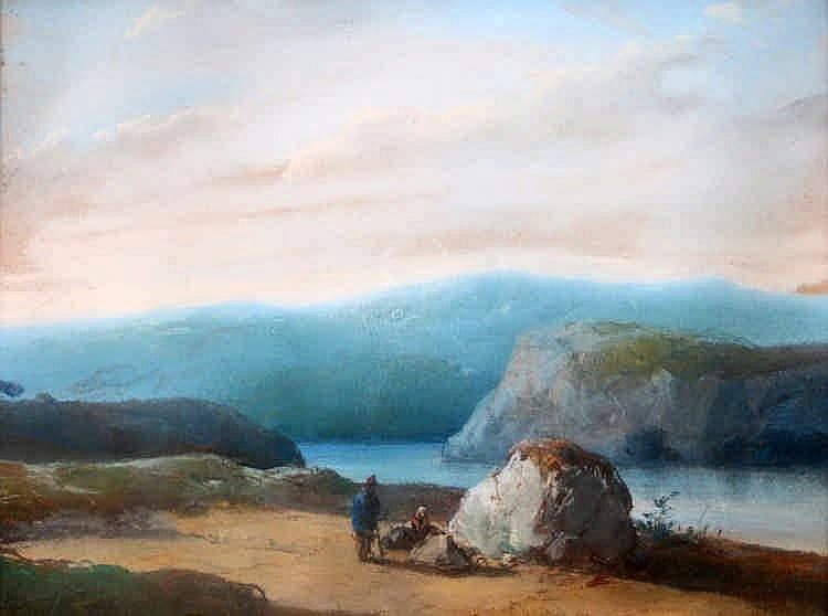 Painted coastal landscape with a sandy shoreline, rocks, and a calm blue sea under a cloudy sky.