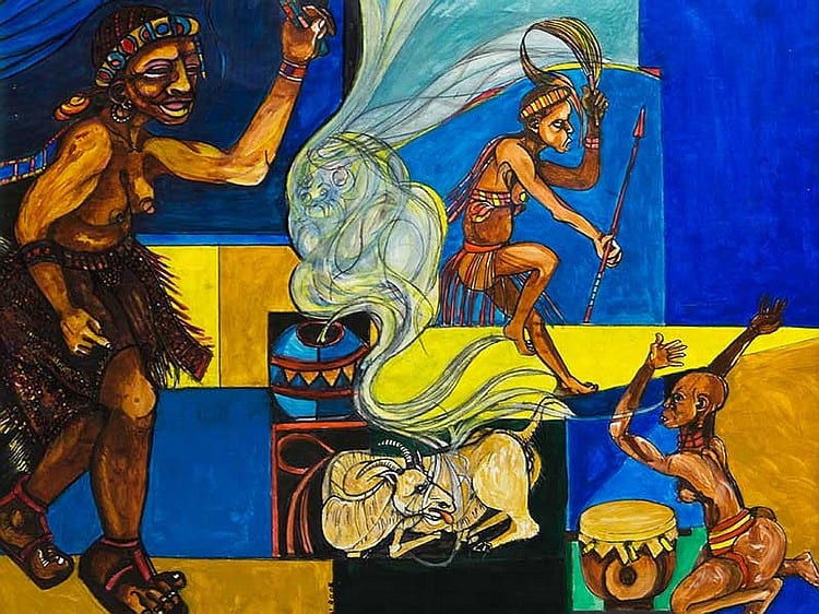 Nathaniel Mokgosi comparable auction result: nathaniel mokgosi sa born 1946 mixed media ritual dance signed dated 2008 60 x 70