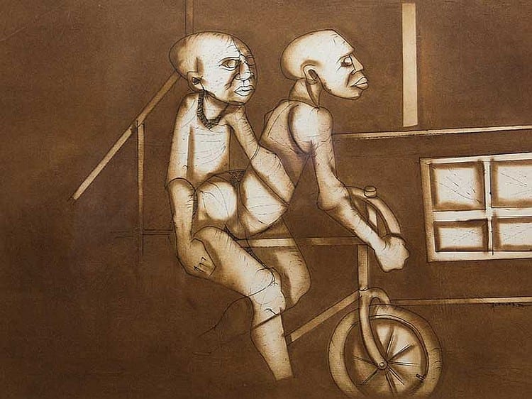 Nathaniel Mokgosi comparable auction result: nathaniel mokgosi sa born 1946 mixed media cyclists signed dated 84 50 x 70