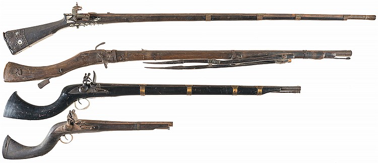 Four Antique Long Guns -A) Middle Eastern Snaplock Musket with Pearl Inlaid Stock and Engraved Brass Lock sold by Rock Island Auction Company, lot 4132 — auction record photograph