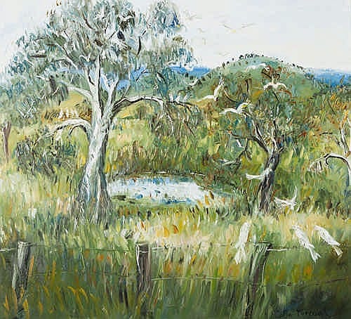 Landscape painting showing a twisting tree with a light path through tall green grass and distant rolling hills under a pale sky.