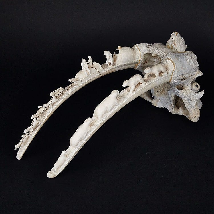 Luke Airut comparable auction result: luke airut 1942 elaborately carved skull bone ivory skin antler stone 10 x 24 x 9 25 25 4 x 61 x 23 5 cm