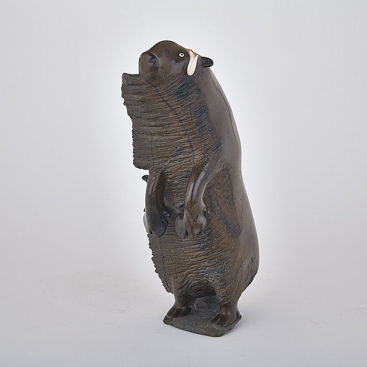 Nuveeya Ipellie comparable auction result: nuveeya ipellie 1920 2010 rearing windswept musk ox stone antler 17 5 x 9 25 x 5 44 5 x 23 5 x 12 7 cm