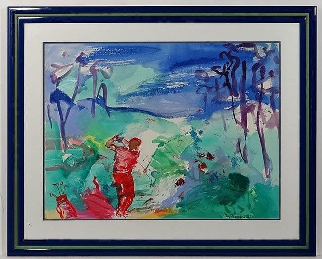 Jan van Diemen comparable auction result: jan van diemen 1945 dutch mixed media driving for the flag golfer on a course