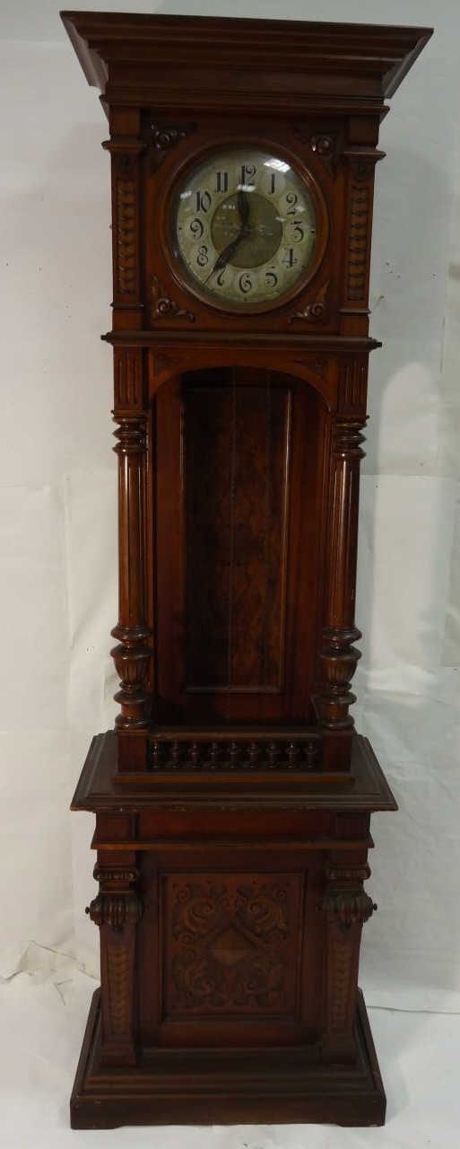 Antique German Crotch Mahogany Grandfather Clock sold by Greenwich Auction, lot 90 — auction record photograph