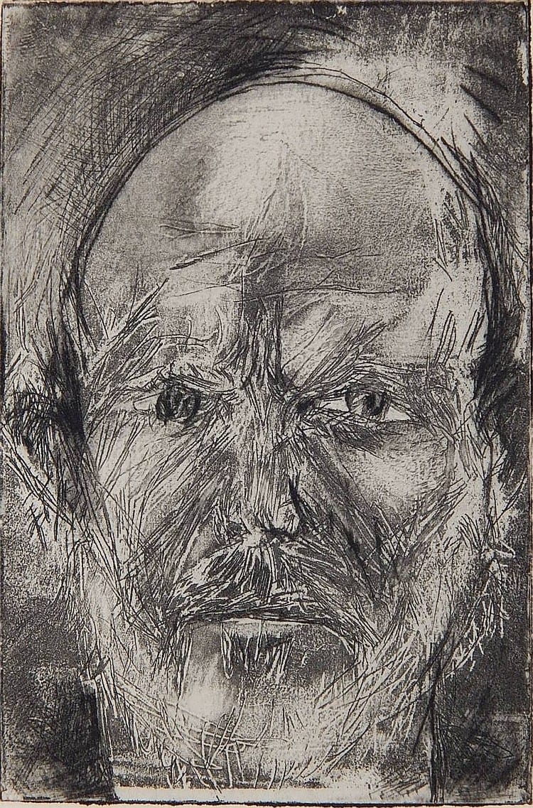Black-and-white etching print of a close-up male face with short hair, rendered in dense crosshatching and sketchy lines.