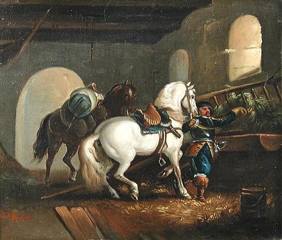 George Frederick Reynolds comparable auction result: george frederick reynolds british 1828 1921 a cavalier with a grey and a bay in a stable signed lower left g f reynolds