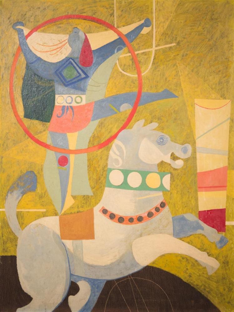 BYRON BROWNE, (American, 1907-1961), THE BAREBACK RIDE, 1946, oil on canvas, 48 x 36 in. (original chestnut frame: 57 x 45 in.) sold by Grogan & Company, lot 107 — auction record photograph