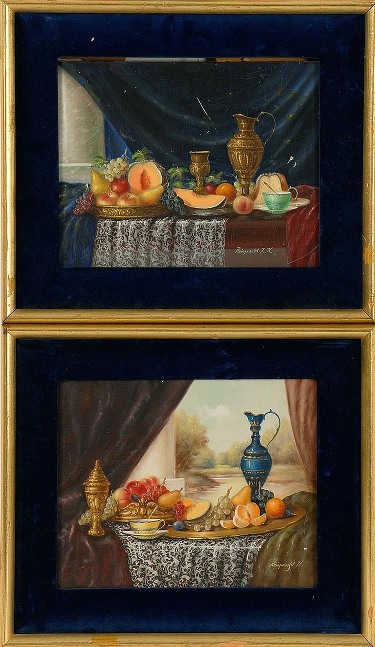 johan k reinprecht hungarian b 1903 pair of ornate table top still lifes oils on panel 7 5 x 9 5 sight framed · Eldred's · 2015-06-25 Johan K. Reinprecht comparable auction result: johan k reinprecht hungarian b 1903 pair of ornate table top still lifes oils on panel 7 5 x 9 5 sight framed