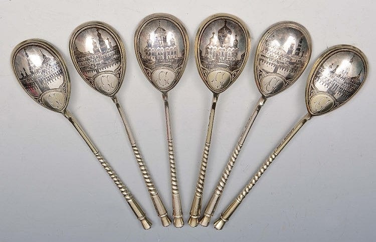 Set of six Russian silver tea spoons with twisted sold by Mallams, lot 836 — auction record photograph