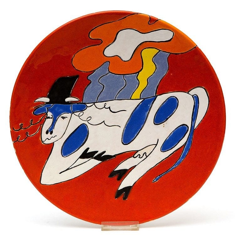 Maggi Giles comparable auction result: a multi colour glazed ceramic wall plate depicting