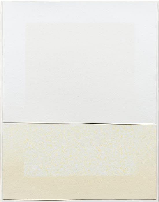 Framed artwork with a pale two-tone composition: a light gray upper section and a beige lower section separated by a horizontal line.