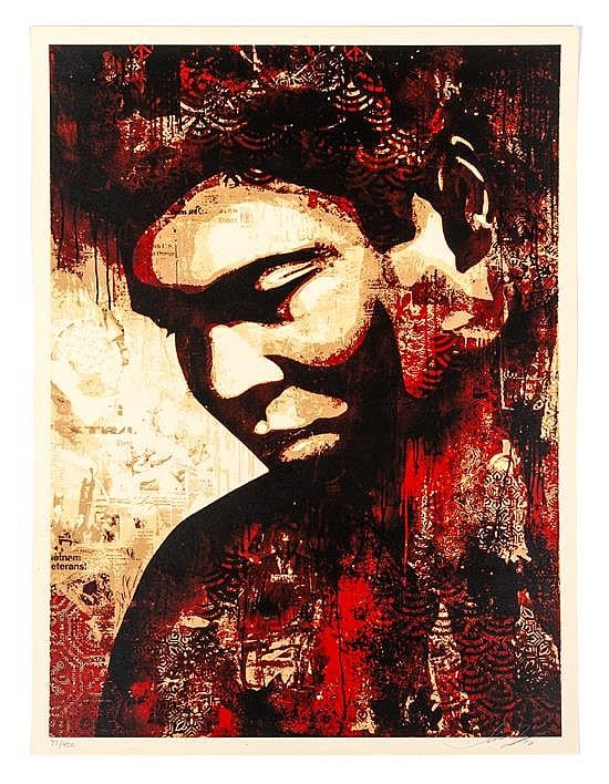 Red and black portrait print showing a stylized man in close-up with a textured, gritty background.