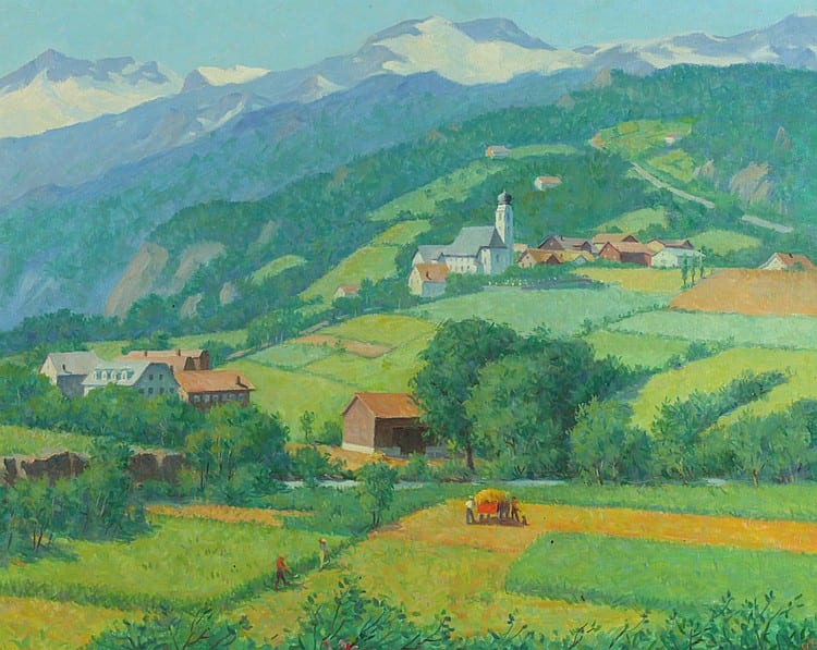 Garnet W Jex comparable auction result: garnet w jex american 1895 1979 swiss hillside village signed lower right and titled on label verso oil on canvas