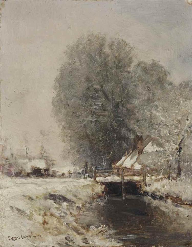 Lodewijk Franciscus Hendrik Apol comparable auction result: snow covered houses under trees in winter