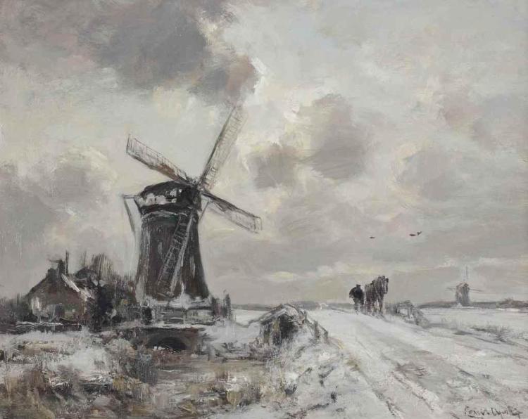Lodewijk Franciscus Hendrik Apol comparable auction result: a snow covered winter landscape with a windmill