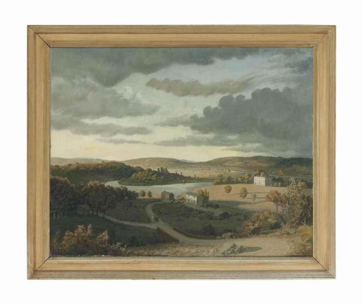 Algernon Newton comparable auction result: a river landscape with a country house and a farm