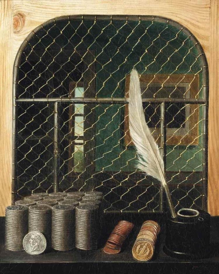 Gabriel Germain Joncherie comparable auction result: atrompe l oeilbank interior with coins and inkwell