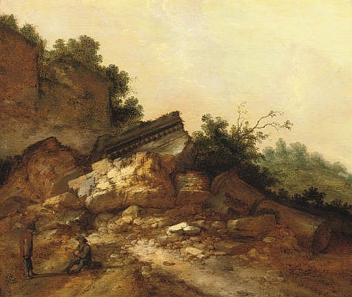 a rocky landscape with two peasants conversing near classical ruins · Christie's · 2007-11-14 Jacobus Sibrandi Mancadan comparable auction result: a rocky landscape with two peasants conversing near classical ruins
