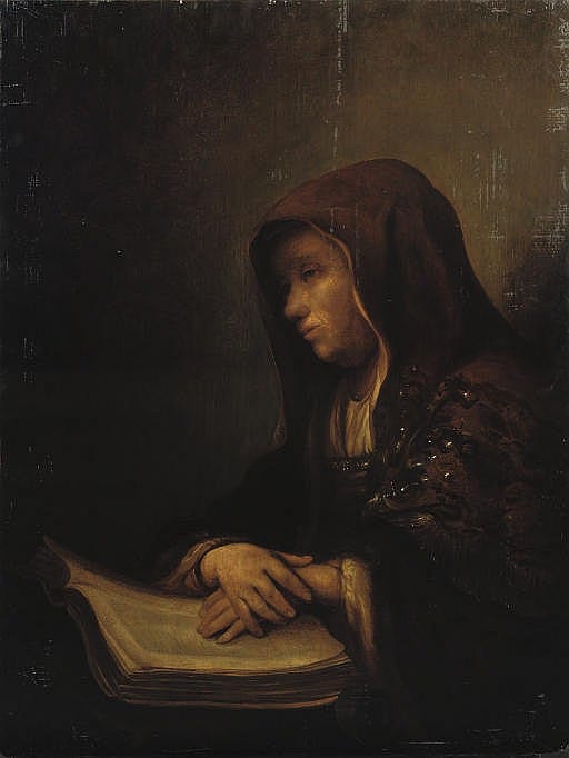 Pieter (1618) Verelst comparable auction result: an old woman seated at a table with her hands resting on an open book