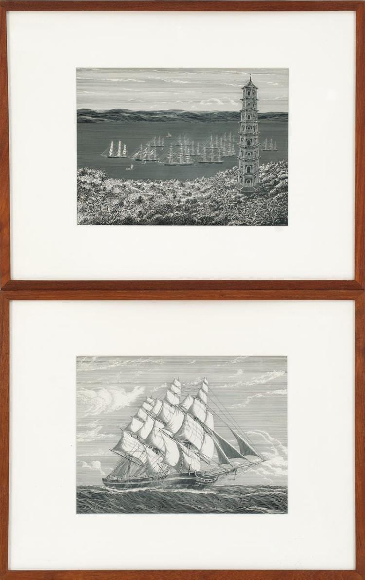 George F. Campbell comparable auction result: george f campbell american 20th century two book illustrations a harbor scene and a ship at sea pen and inks on paper 8 x 1