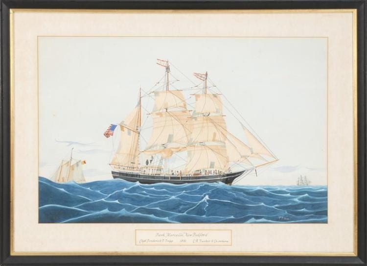 Robert R. Newell comparable auction result: robert r newell american 20th century bark marcella new bedford watercolor and gouache 18 5 x 28 5 sight framed 26 5 x
