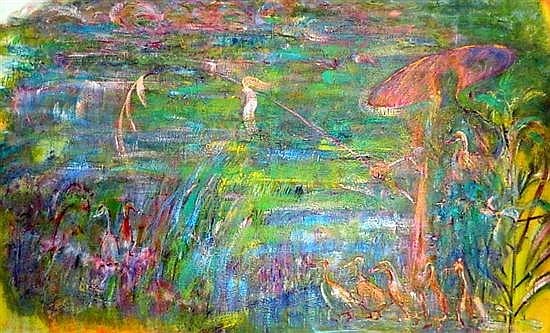 Ian Van Wieringen (b.1944) Fisherman & Ducks 1975 Oil on board sold by Theodore Bruce Auctioneers & Valuers, lot 309 — auction record photograph