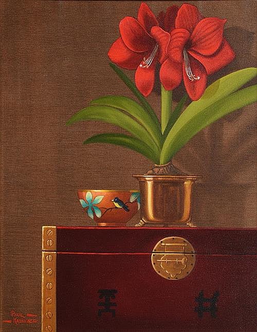 Paul Kavanagh comparable auction result: paul kavanagh 20th 21st century amaryllis chinese bowl on laquer cabinet