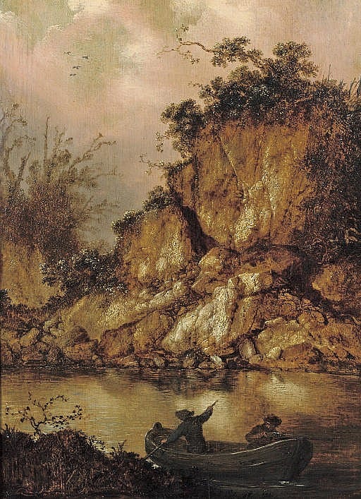 a rocky river landscape with two hunters in a rowing boat · Christie's · 2007-11-14 Jacobus Sibrandi Mancadan comparable auction result: a rocky river landscape with two hunters in a rowing boat