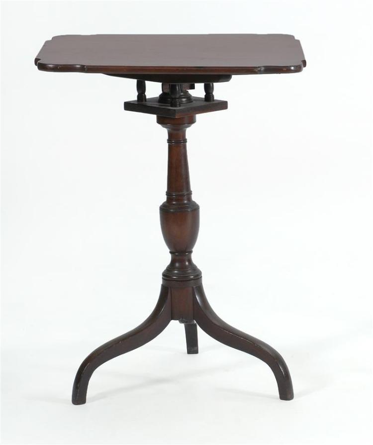 ANTIQUE AMERICAN BIRDCAGE TILT-TOP TABLE In mahogany with cookie-corner top, vasiform turned pedestal base and simple spider legs. H... sold by Eldred's, lot 759 — auction record photograph