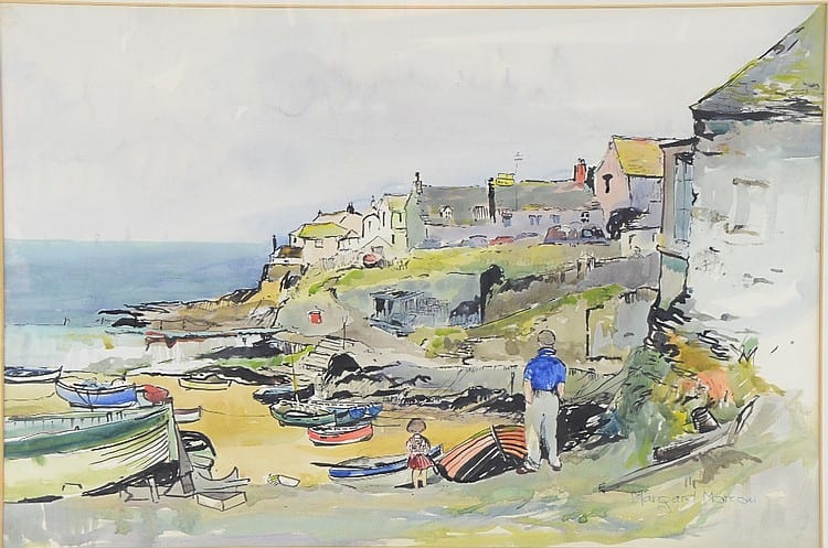 Margaret Morcom comparable auction result: margaret morcom watercolour portscatho depicting dingies on beach with man and girl houses above signed 35cm x 50cm