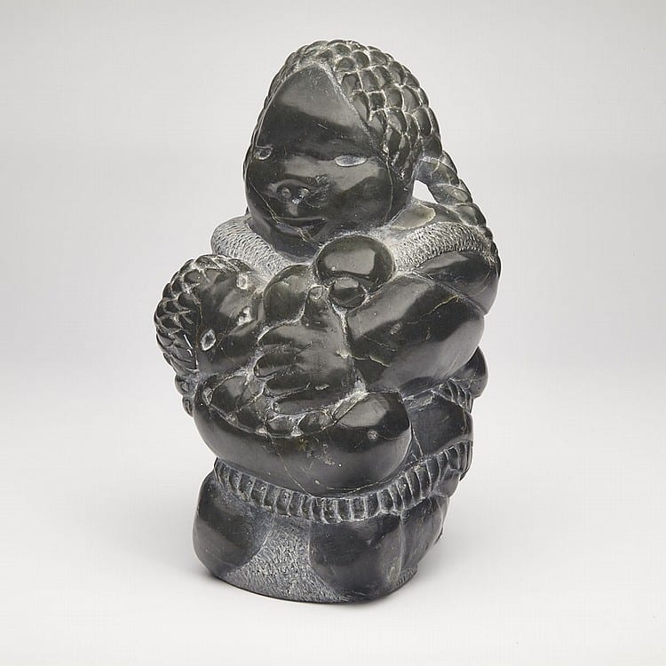 Charlie Inukpuk comparable auction result: charlie inukpuk 1941 mother feeding child stone 9 x 5 x 5 5 22 9 x 12 7 x 14 cm