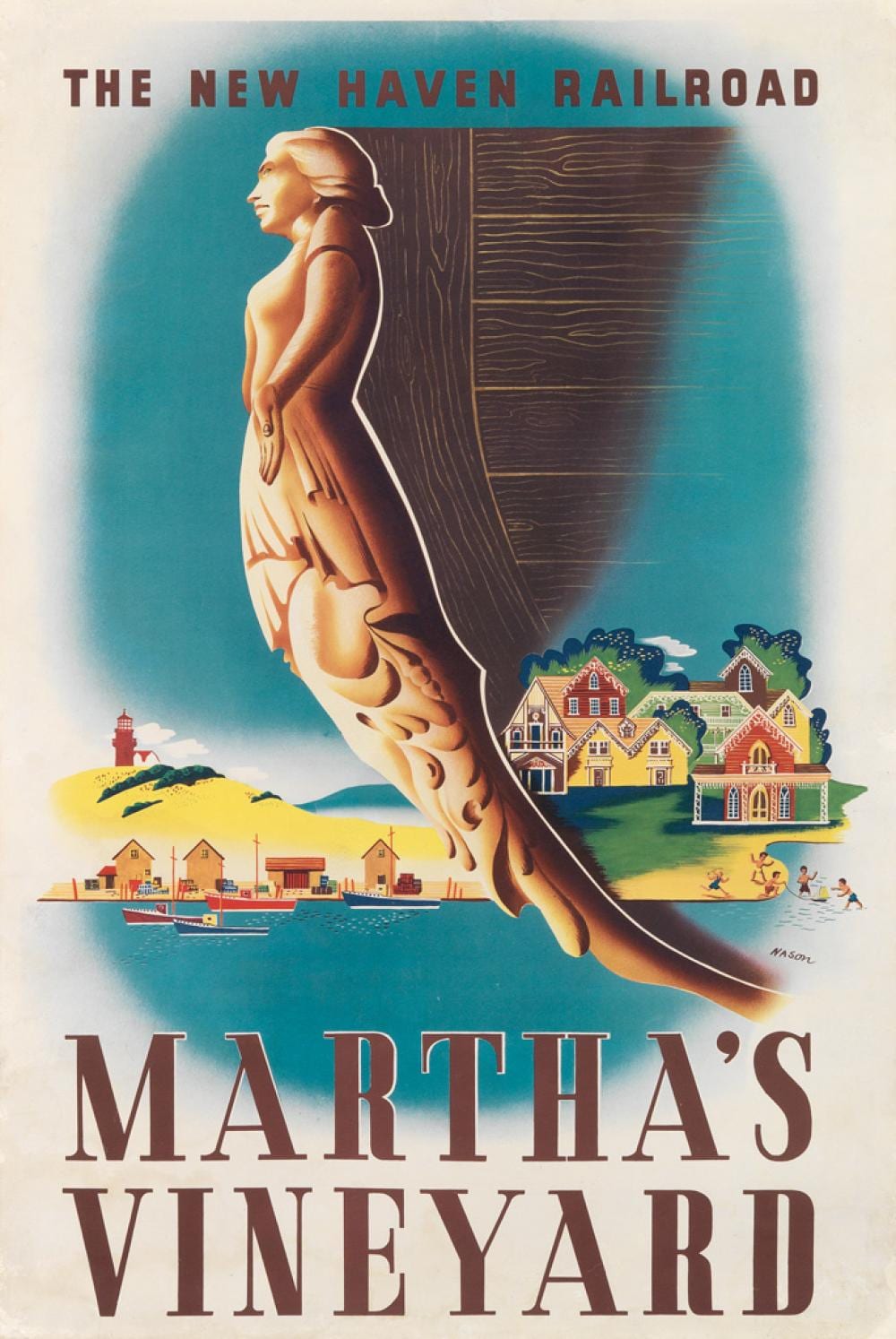 Ben Nason comparable auction result: ben nason 1915 martha s vineyard the new haven railroad circa 1945 42x28 inches 108x71 cm