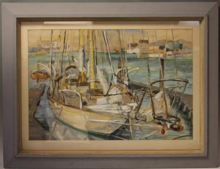 Jae Carmichael comparable auction result: jae carmichael watercolor of boats at harbor
