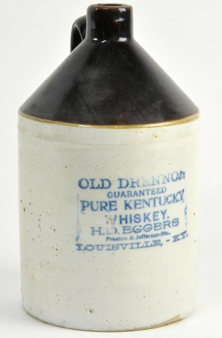Old Drennon Whiskey Stoneware Jug sold by Mebane Antique Auction, lot 11 — auction record photograph