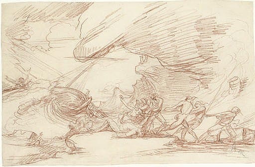 Raphael Lamar West comparable auction result: figures striving to pull ashore a storm tossed ship and a sublime landscape