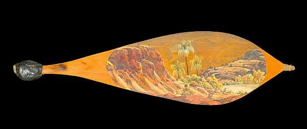 ALBERT NAMATJIRA , 1902-1959 PALM VALLEY Watercolour over pencil on spearthrower, carved wood, kangaroo sinew, spinifex resin and stone flint sold by Sotheby's, lot 112 — auction record photograph