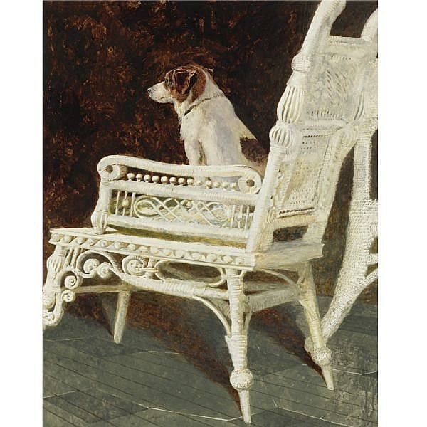 Jamie Wyeth B. 1946 , Yolk and the Wicker Chair combined mediums on paper sold by Sotheby's, lot 44 — auction record photograph