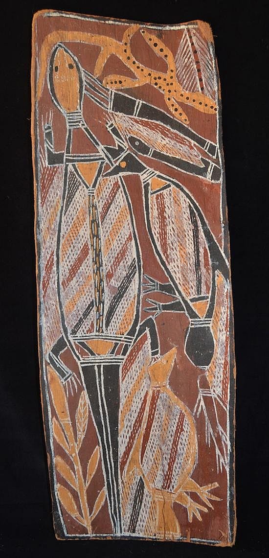 mick magani 1920 1984 totemic animals ochres on bark · Theodore Bruce Auctioneers & Valuers · 2015-08-17 Mick Magani comparable auction result: mick magani 1920 1984 totemic animals ochres on bark