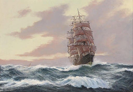 Brian J.  Jones comparable auction result: a clipper ship reefed down in an evening breeze