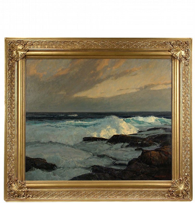 MICHAEL B. KARAS (ME/SC/MA, 1954 - ) - "Evening Tide", oil on canvas, signed lower right, signed and titled verso, with labels from Morris & Whitehead Galleries in Hilton Head, SC and Weschlers in DC. Housed in ornate... sold by Thomaston Place Auction Galleries, lot 874 — auction record photograph