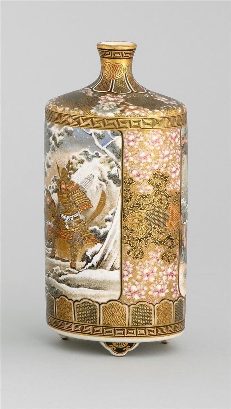 SATSUMA POTTERY BOTTLE VASE With samurai decoration. Height 6" (15.24 cm). sold by Eldred's, lot 129 — auction record photograph
