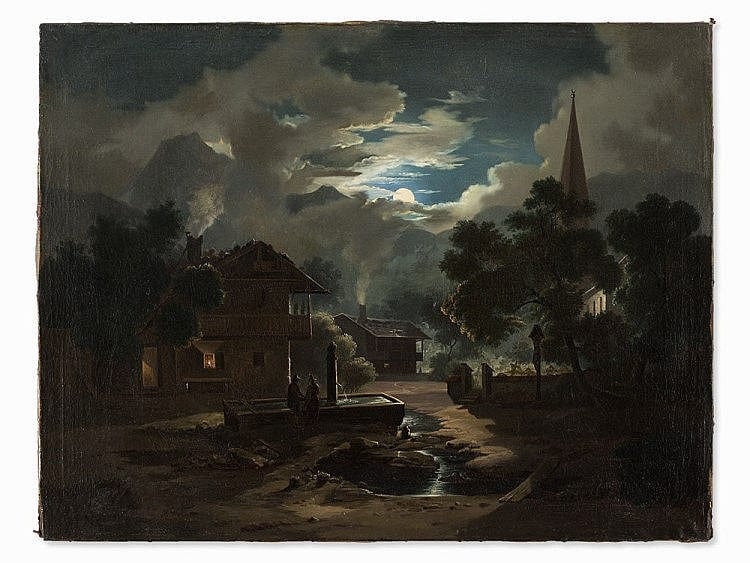 Friedrich Loos comparable auction result: friedrich loos circle oil painting nocturn austria c 1830