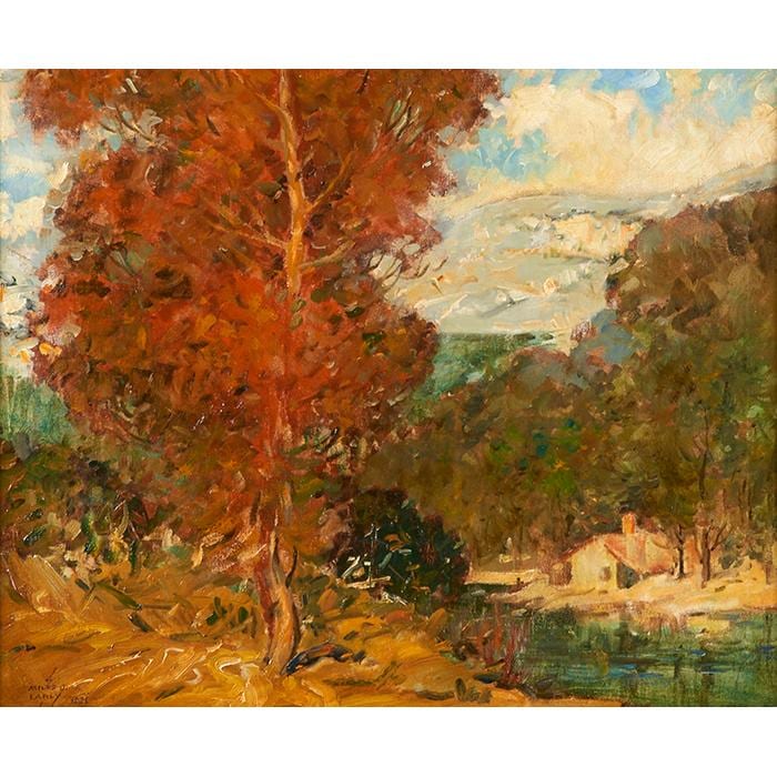 Miles Jefferson Early, (American, 1886-1957), House in a Landscape 1931, oil on canvas, 17.5" x 21.5" sold by Toomey & Co. Auctioneers, lot 1579 — auction record photograph