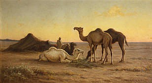 Matilda Lotz (American, 1858-1923) Camels grazing at a camp, Biskra, Egypt 22 1/2 x 40in sold by Bonhams, lot 3060 — auction record photograph
