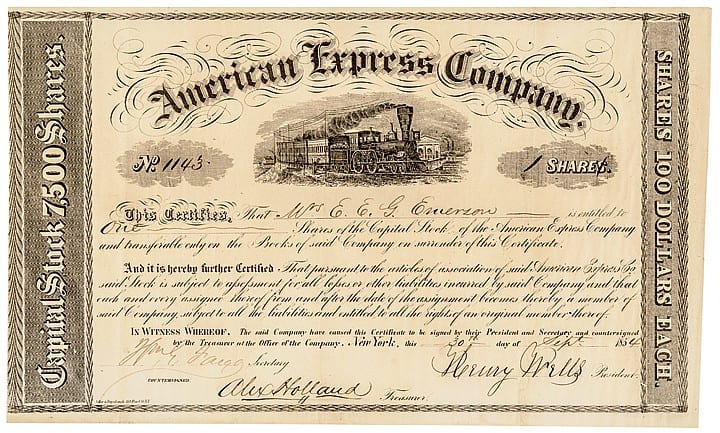 Henry Wells comparable auction result: 1854 henry wells william fargo signed american express stock certificate