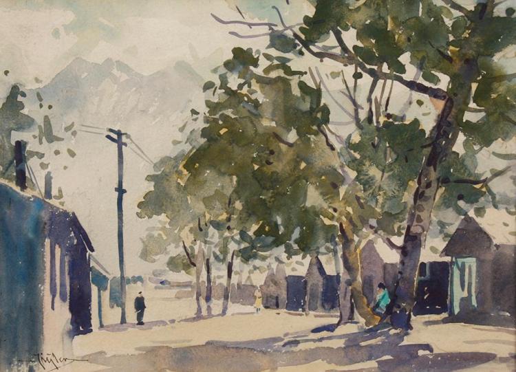 EUSTACE PAUL ZIEGLER (1881-1969, WA/AK) WATERCOLOR ON PAPER - Signed at lower left. Painting of a street scene on a sunny day, with... sold by Pacific Galleries, lot 77 — auction record photograph